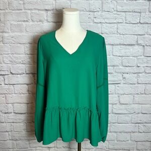 PLEIONE Women's M Kelly Emerald Green Ruffle Hem Blouse Anthropologie Chiccore